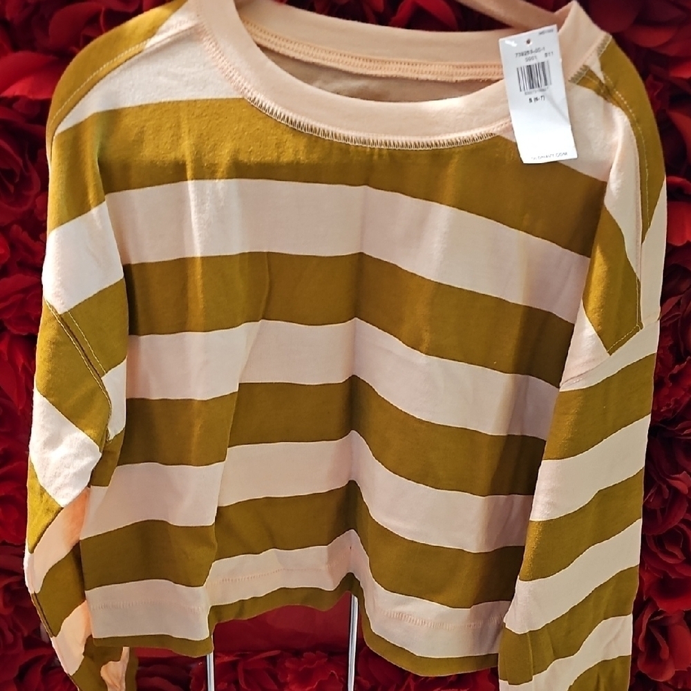 Old Navy NWT Girlz Striped Olive and Pink Long Sleeve Shirt Size 6/7